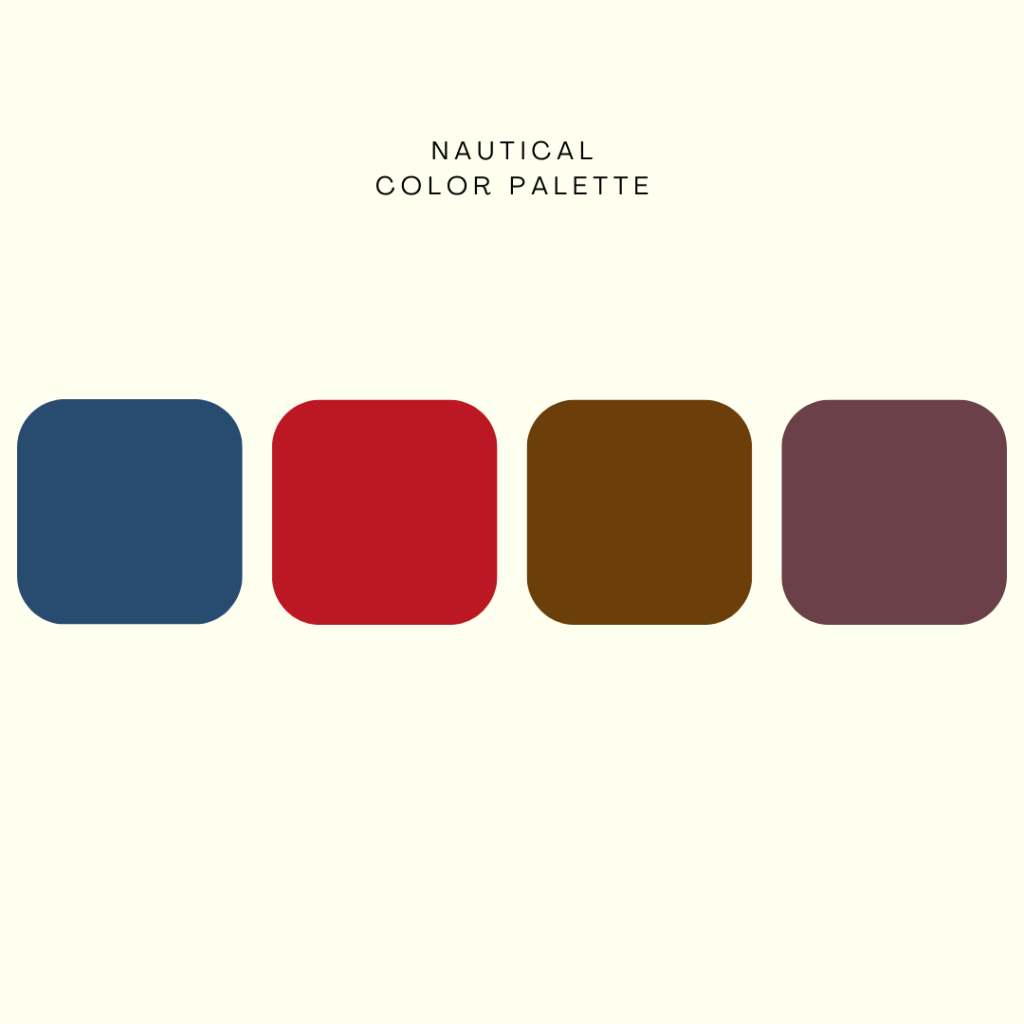 Black words on cream background say "Nautical color pallete." Four colored squares are below the text and are dark blue, red, brown, and purple.